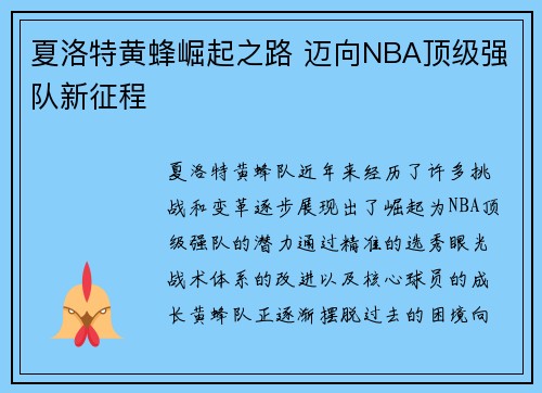 夏洛特黄蜂崛起之路 迈向NBA顶级强队新征程